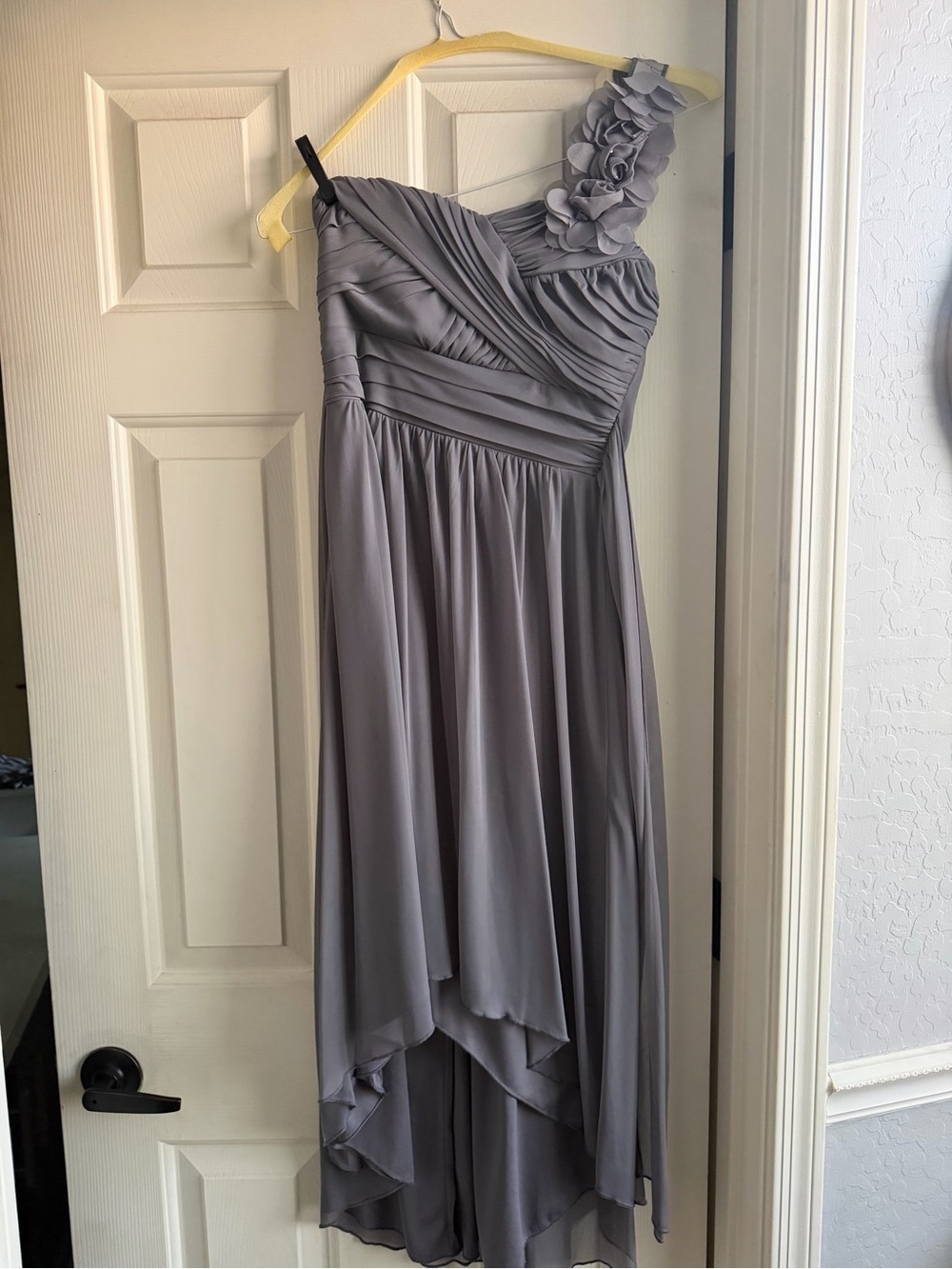 David's Bridal One-Shoulder Gray Floral Strap Evening Dress